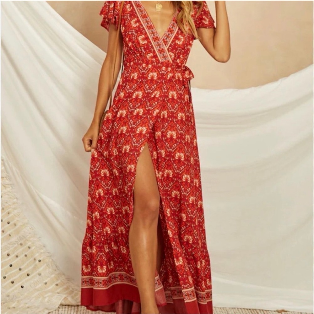 Elegant Red Floral Maxi Dress